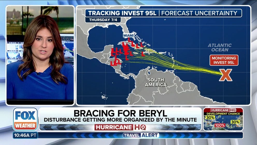 Invest 95L is on the cusp of becoming a tropical depression or Tropical Storm Beryl in the Atlantic Ocean.