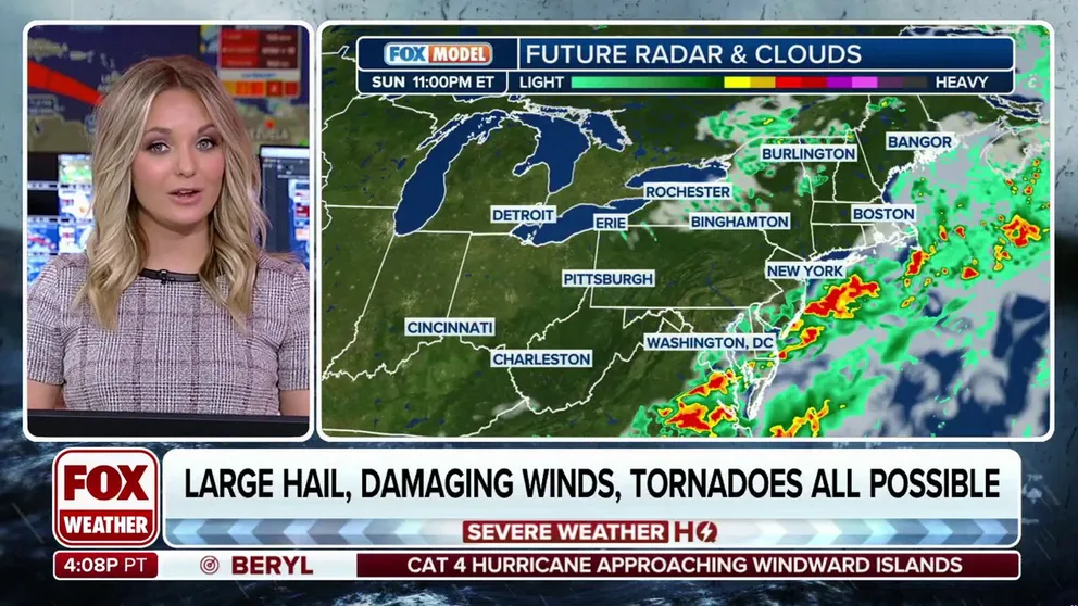 FOX Weather is tracking a storm that is pelting the Northeast and Mid-Atlantic states with hail, heavy rain and damaging wind. Washington, D.C. and New York Metro areas are in Severe Thunderstorm Watches through late evening.