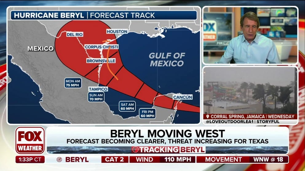 Hurricane Beryl continues charging toward Mexico as a Category 2 storm with possible impacts in South Texas late Sunday night and early Monday. 