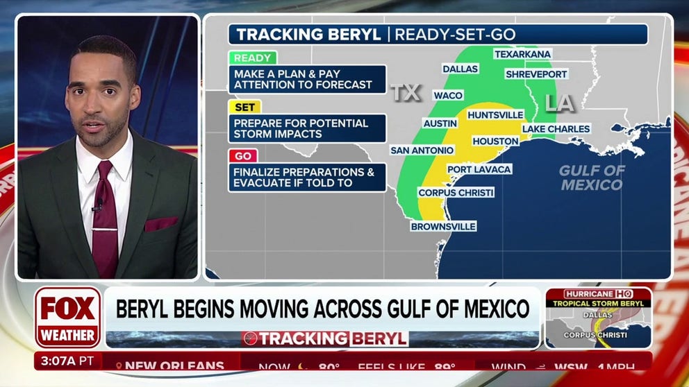 Tropical Storm Beryl is a shadow of its former self after being significantly weakened by dry air and its interaction with the Yucatan Peninsula. However, favorable atmospheric conditions should allow the storm to re-strengthen and it is forecast to be a hurricane as it makes landfall on the Texas coast Monday. 