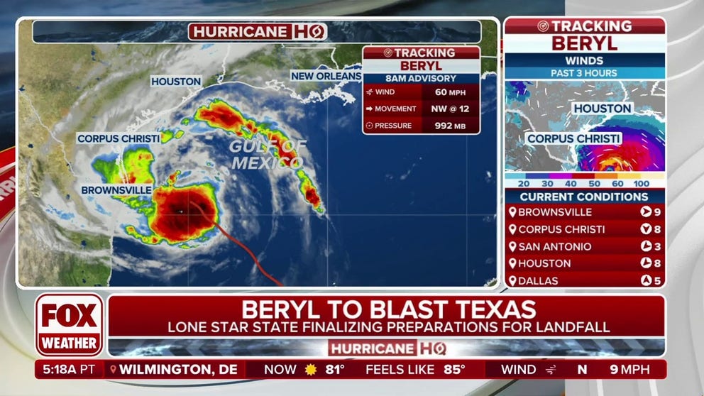 Tropical Storm Beryl continues charging toward Texas Sunday morning, and forecasters still expect it to continue strengthening before making landfall in Texas early on Monday morning. 