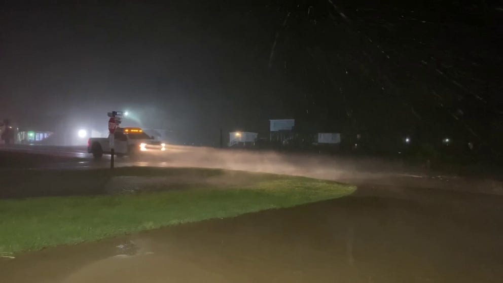 A video recorded in Surfside Beach, Texas, shows the power of Hurricane Beryl as strong winds, heavy rain move into the area early on Monday, July 8, 2024.