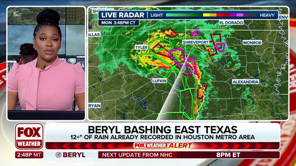 Tornado Warnings are popping up across the Texas, Arkansas and Louisiana state lines as Tropical Storm Beryl moves across Texas. The storms is a low-end tropical storm with 45 mph winds and expected to move northeast into the Lower Mississippi Valley tonight. 