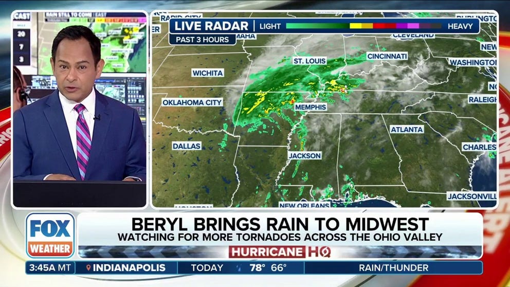 Beryl will enter the final phase of its long run as what's left of the storm moves into the Midwest on its way to becoming post-tropical.