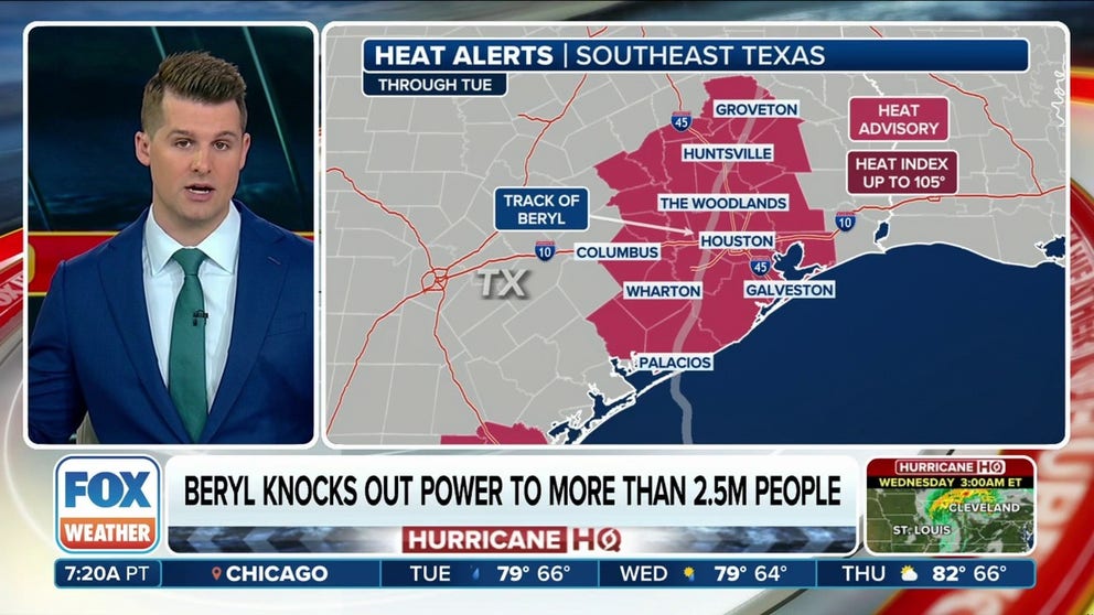 Heat advisories are in place for areas cleaning up after Hurricane Beryl made landfall early Monday on the Texas Gulf Coast. These advisories include Palacios, Bay City, Galveston and Houston. Heat indices will surpass 100 degrees this week.