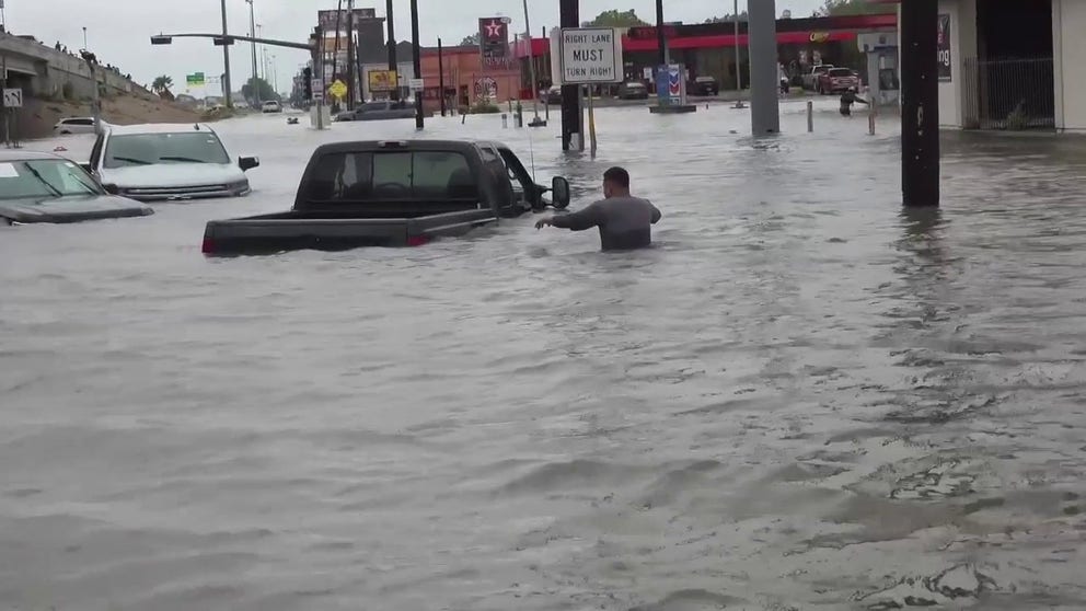 Video shows stranded drivers being rescued after major flooding in the wake of Hurricane Beryl in the Houston area on Monday, July 8, 2024.