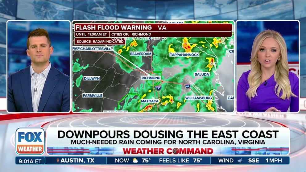 Flood Watches stretch from Boston to the Carolinas through Saturday as a potent front mixes with a plume of tropical moisture to drop several inches of rain along much of the Interstate 95 corridor.