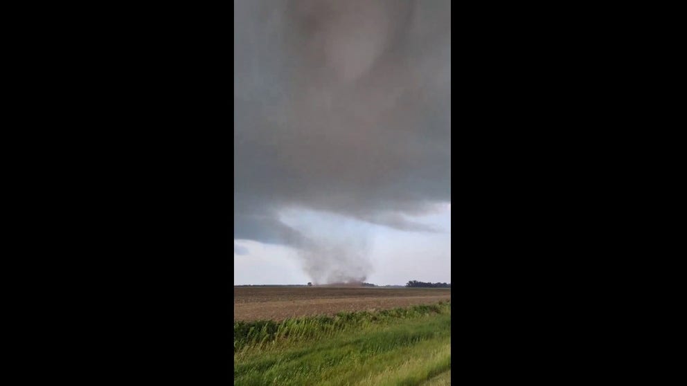 A video recorded in Barney, North Dakota, shows a tornado spinning across a field during severe weather on Saturday, July 13, 2024.