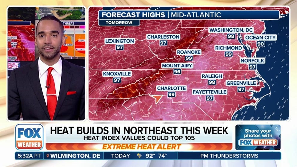 Major cities in the Mid-Atlantic and Northeast will experience feels-like temperatures up to 107 degrees to begin the workweek. Heat advisories are in effect from Miami, Florida to Boston, Massachusetts. Excessive heat continues out west and in the Central U.S. this week where alerts are also in place. 