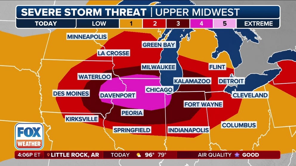 The Storm Prediction Center has upgraded today's threat level to a 4 out of 5 on the risk scale. Strong winds and possible tornadoes are expected to slam northern Illinois, including Chicago, this evening. FOX Weather's Robert Ray has the latest from Wrigleyville.