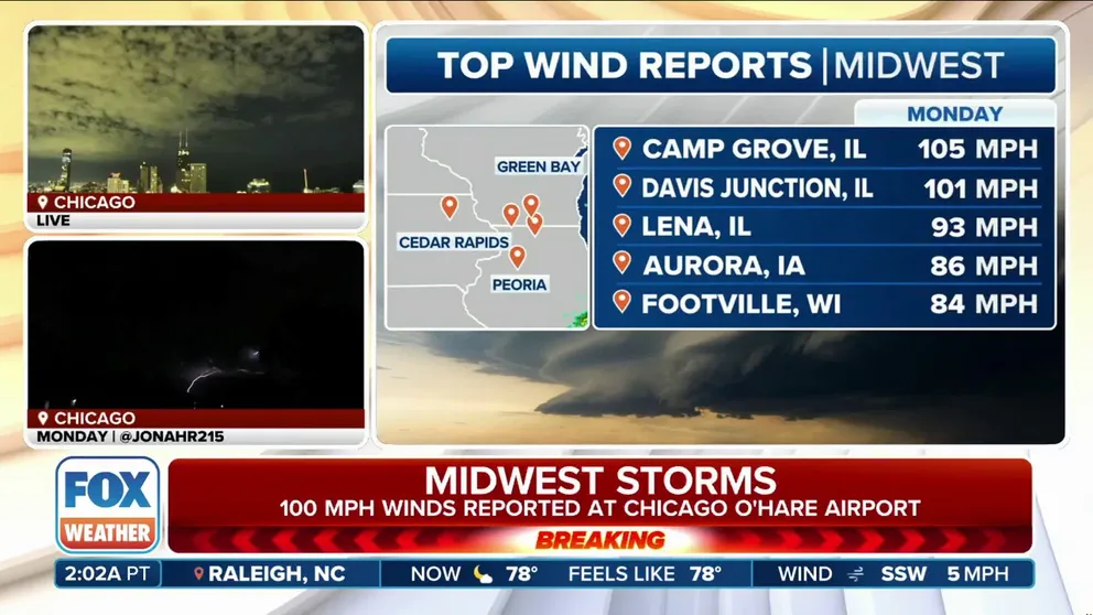 A powerful and deadly derecho blasted across the Midwest on Monday with hurricane-force wind gusts that uprooted trees, ripped roofs from buildings and knocked out power to hundreds of thousands of utility customers.