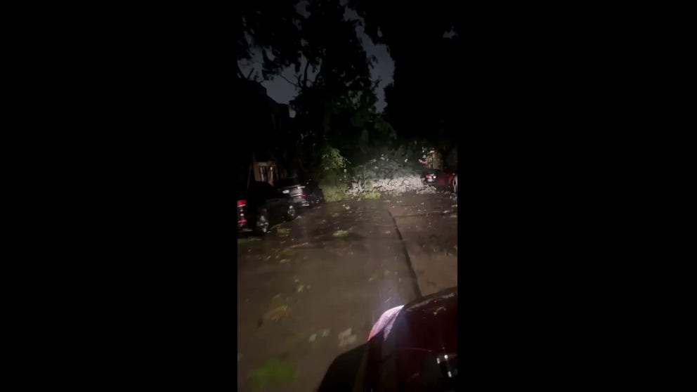 A video recorded in the West Town neighborhood in Chicago shows damage left behind after a powerful and deadly derecho blasted across the Midwest on Monday.