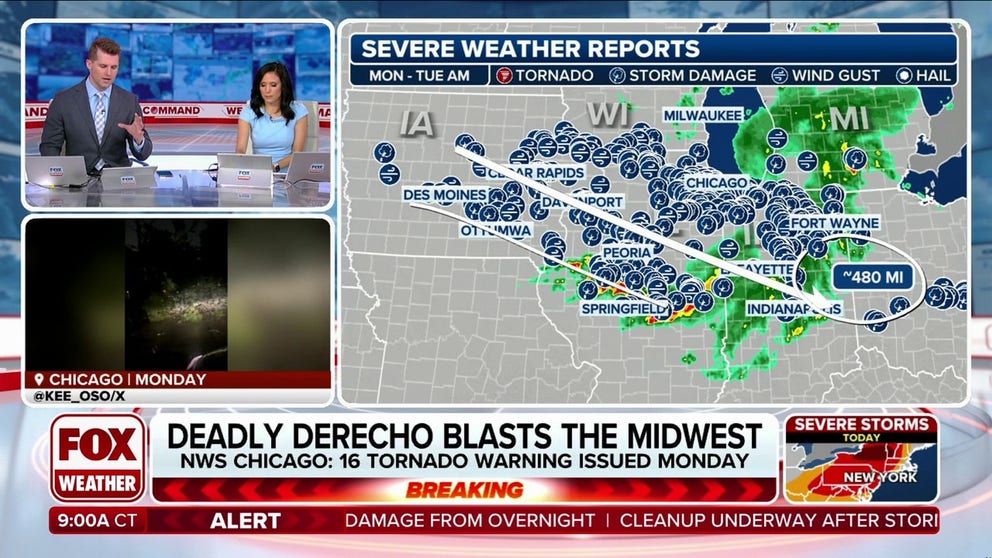 At least one person was killed Monday night when a powerful and destructive derecho plowed across the Midwest, bringing hurricane-force wind gusts and tornadoes to the Chicago area that toppled trees and knocked out power to hundreds of thousands of utility customers.
