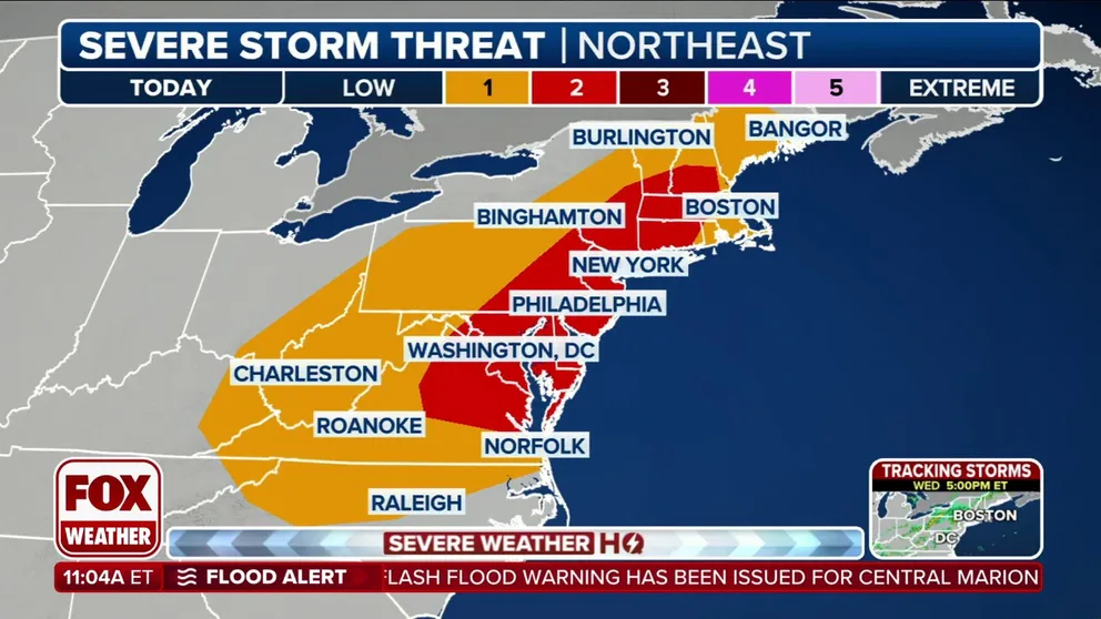 Flood Watches have been posted for Washington, D.C, and Baltimore, as millions of people along the Interstate 95 corridor from Virginia to Maine face a severe weather threat on Wednesday, with thunderstorms capable of producing hurricane-force wind gusts and deadly lightning possible in cities like Philadelphia and New York City.