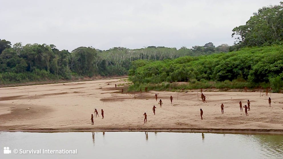 Video from indigenous rights group Survival International shows dozens of people from the Mashco Piro tribe in the remote Peruvian Amazon.