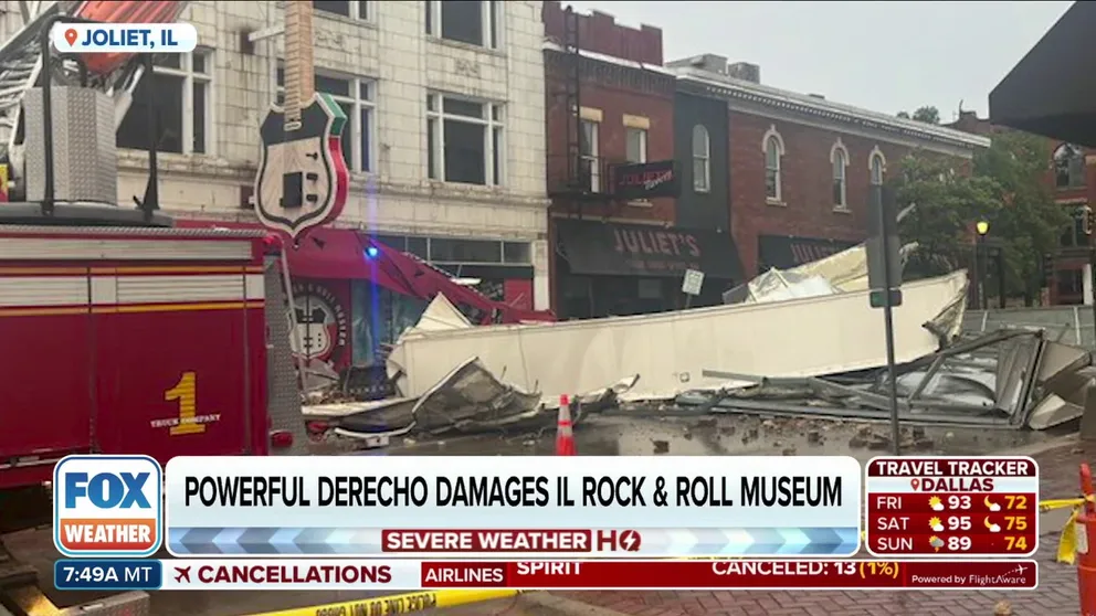 The Illinois Rock and Roll Museum on Route 66 sustained significant damage in Joliet due to the derecho on Monday. Operations are temporarily shut down as efforts are underway to clean up the aftermath. Ron Romero, the museum's CEO and founder, provided the latest update on the storm cleanup in an interview with FOX Weather.