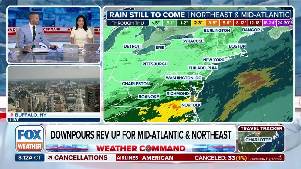 Tens of millions of people living and working along the busy Interstate 95 corridor on the East Coast from the mid-Atlantic to the Northeast and New England are bracing for additional rounds of heavy rain and thunderstorms as the workweek continues.