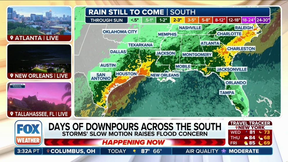 The soggy stretch of wet weather that has been pounding millions of people across the South will continue on Wednesday, with cities like Houston and Atlanta seeing an increased risk of flash flooding that could impact travel.