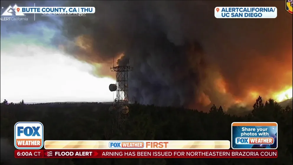 The "firenado" was spotted in Butte County, California as the rising air from the wildfire's heat draws in surrounding air to twist into a swirling vortex.