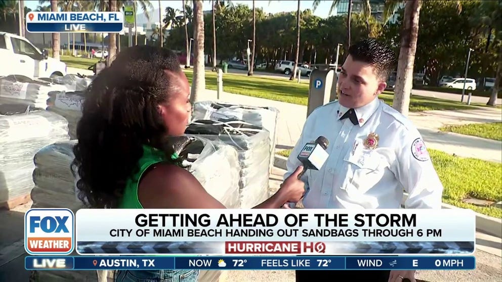 Miami Beach officials are handing out free sandbags to residents to help them prepare for hurricane season. FOX Weather Correspondent Brandy Campbell spoke to Miami Beach Fire Department's fire chief Digna Abello about hurricane preparedness and how to properly use sandbags. July 26, 2024.