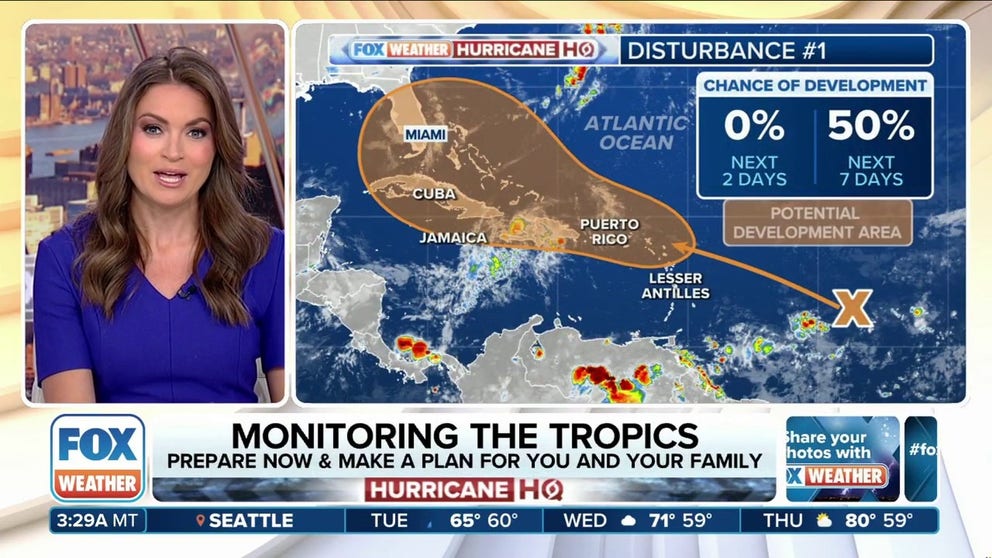 There is a medium chance that a tropical disturbance will develop as it moves toward the Caribbean islands and potentially tracks toward Florida, but the odds have been increasing since the weekend. If the system were to become a tropical storm, it would be named Debby – the fourth named storm of the 2024 Atlantic hurricane season.