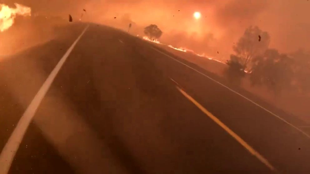 A new video released by CAL Fire shows firefighters on the front lines of the Park Fire on Friday, July, 26, as intense flames spread out in all directions.