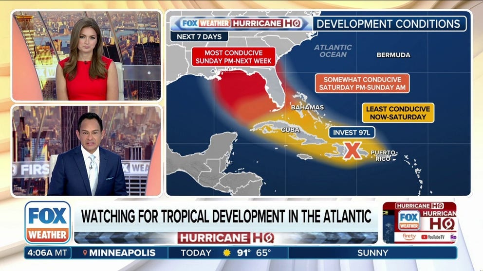 Tropical Storm watches or warnings may be issued later Friday as Invest 97L continues to drift toward Florida and the eastern Gulf of Mexico, threatening several inches of rain and gusty winds.