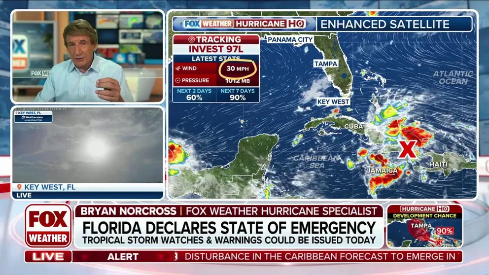 Tropical Storm Watches or Warnings may be issued later Friday as Invest 97L continues to drift toward Florida and the eastern Gulf of Mexico, threatening several inches of rain and gusty winds.