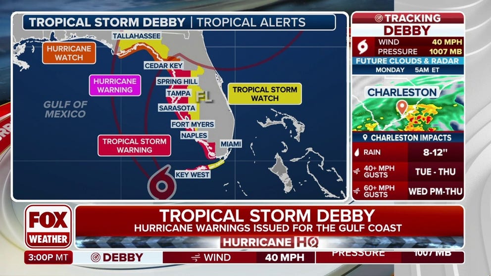 The National Hurricane Center upgraded Tropical Depression 4 into Tropical Storm Debby on Saturday. The cyclone could strengthen into a Category 1 hurricane before landfall on Monday. 