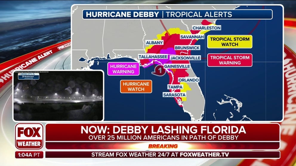 Debby is quickly approaching Florida and will make landfall early Monday morning sometime likely along the Nature Coast. Debby is likely to be rapidly intensifying all the way up until landfall and will be packing 90-plus mph winds. 