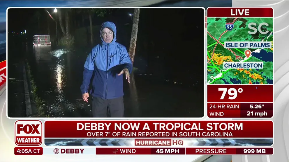 Historic rain continues to slam South Carolina as Tropical Storm Debby moves it's way up north. With over 3,000 remaining without power, Charleston is on flood watch until Friday morning. FOX Weather Storm Specialist Mike Seidel is in Isle of Palms, South Carolina, with the latest on Debby.