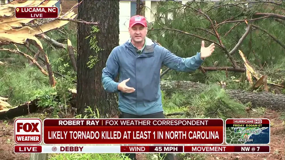 Tropical Storm Debby's impacts turned severe overnight in North Carolina. A likely tornado has caused damage in Wilson County, which is about an hour east of Raleigh, the state capital. There is also extensive damage at Lucama's Springfield Middle School. The National Weather Service will be going out to survey more of the damage later Thursday afternoon. FOX Weather's Robert Ray reports live from Lucama.