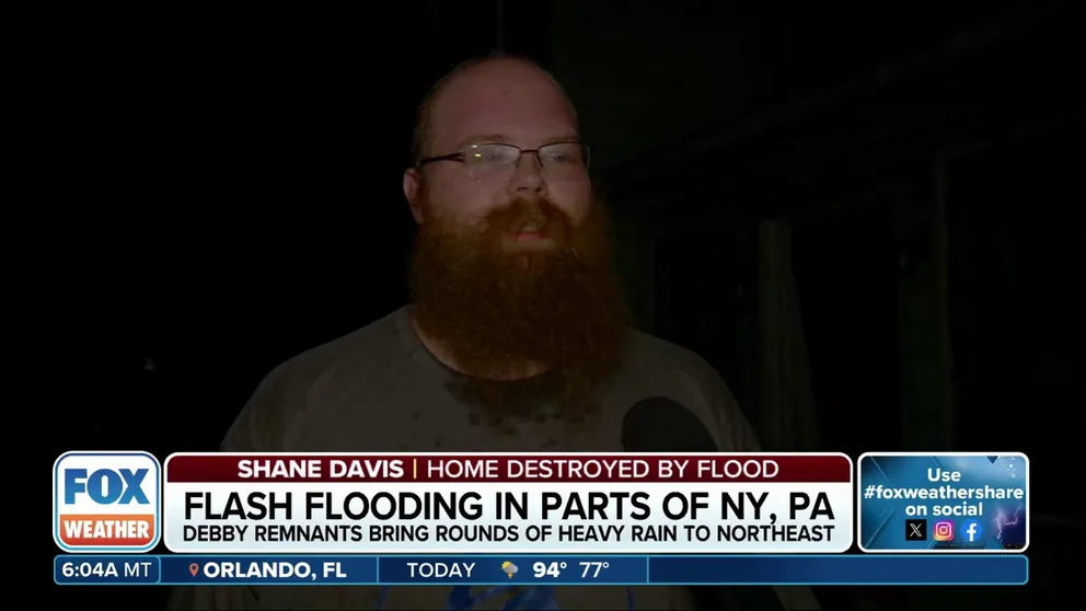 Shane Davis of Tioga County, Pennsylvania, was in his home when flash flooding quickly overtook him. His story is one of many in the northern Pennsylvania community of Westfield, where flash flooding from Debby’s remnants caused mass devastation.