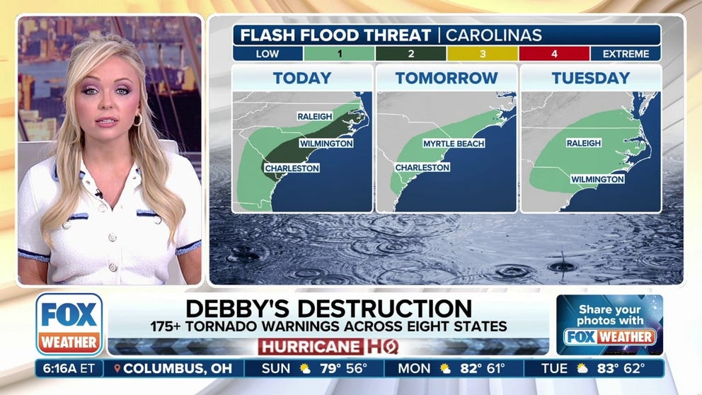 Areas along the mid-Atlantic that were hit hard by Tropical Storm Debby last week are again at risk of seeing flash flooding as a stalled out cold front produces more torrential rain and thunderstorms across the region.