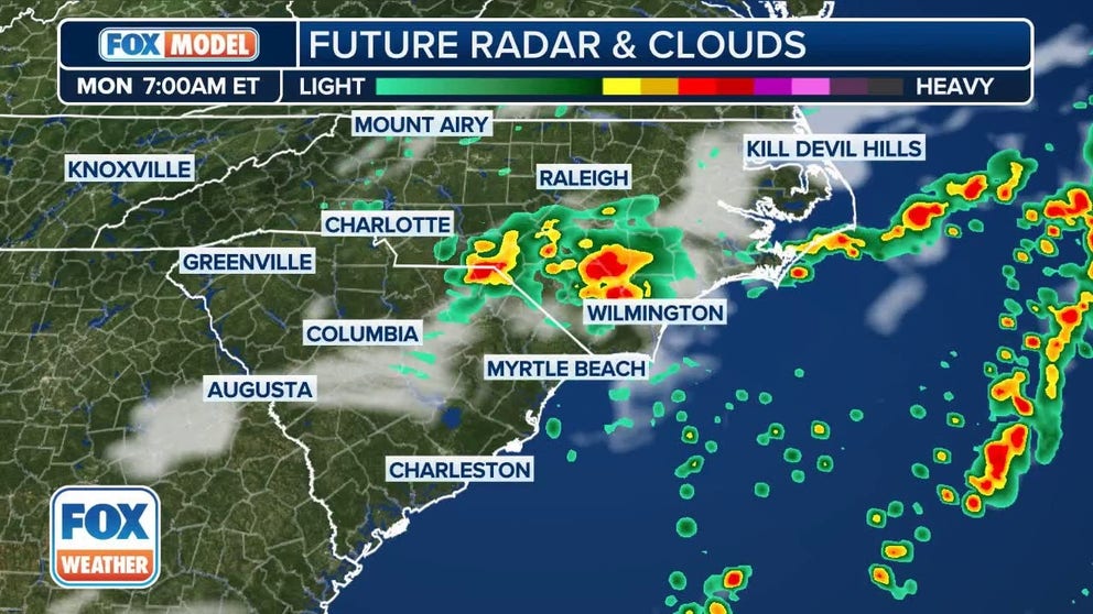 The exclusive FOX Model Futuretrack shows heavy rain and thunderstorms pushing across the Carolinas this week, putting the region at risk of flooding.