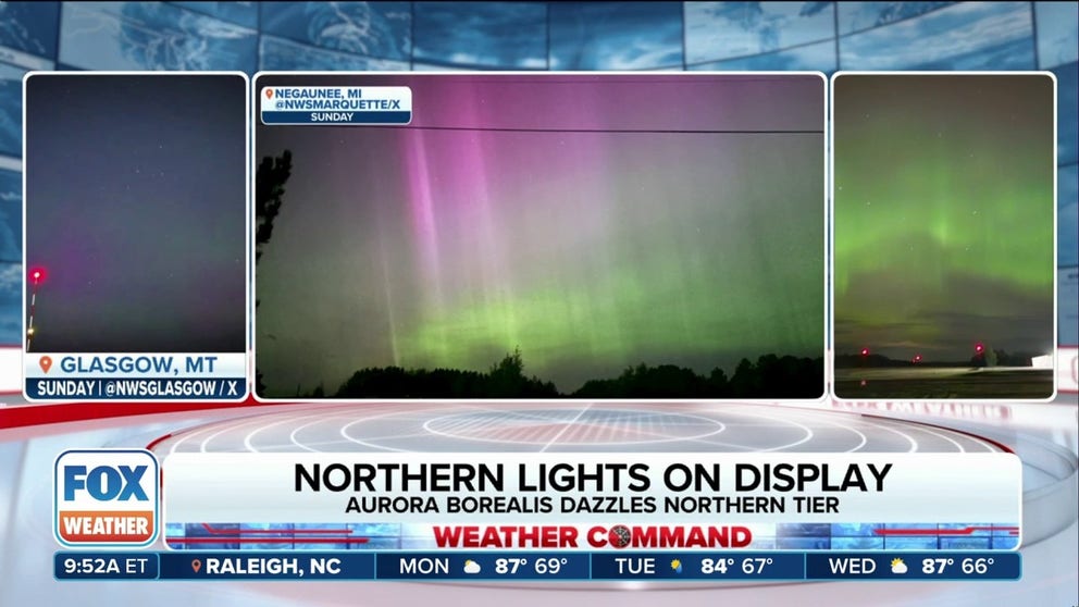 A strong geomagnetic storm brought displays of Northern lights as far south as the Midwest early Monday morning. NOAA's Space Weather Prediction Center said the geomagnetic storming was caused by a coronal mass ejection from the Sun passing Earth. 