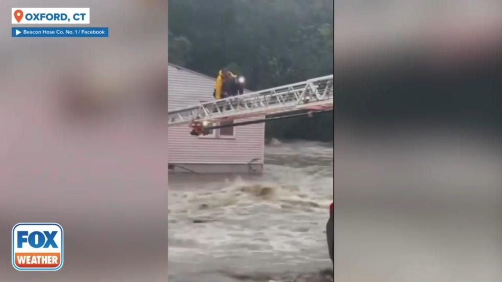 Firefighters safely rescued 19 people and a dog from raging floodwaters Sunday evening in southwestern Connecticut during a Flash Flood Emergency.