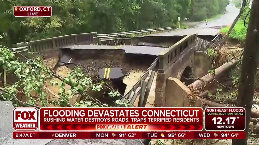 Several communities in Connecticut were hit hard by flooding on Sunday when relentless rain pounded the region. FOX 61 Reporter Brooke Griffin joined FOX Weather from the hard-hit town of Oxford where rushing water destroyed a bridge along a main road linking several towns.