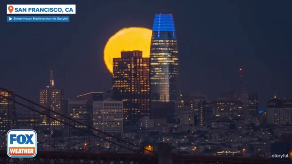 Footage filmed by Shreenivasan Manievannan caught the super Blue Moon in all its glory, shining in an orange haze as it rose over the San Francisco Bay.