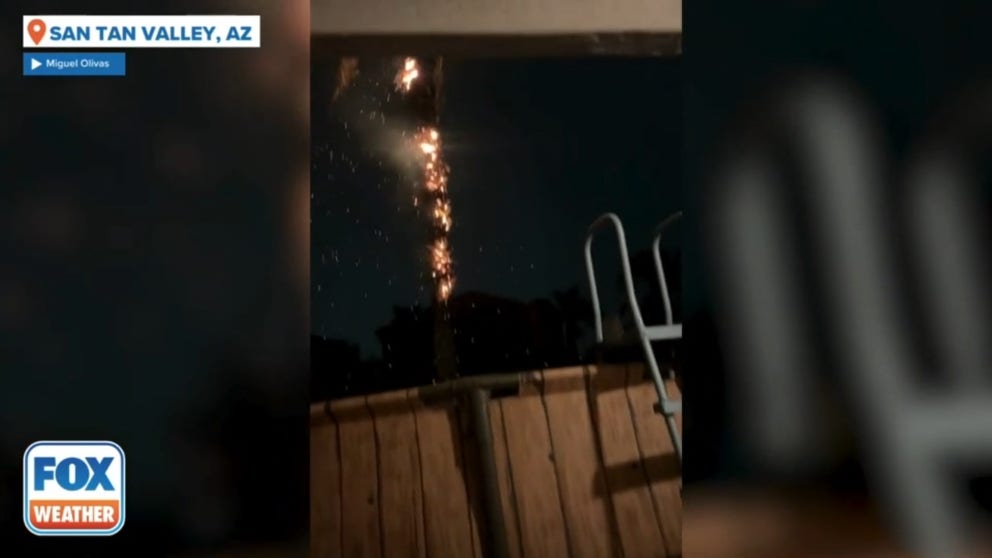 WARNING: This video contains language some people might find objectionable. Lisette De La Cruz and her boyfriend, Miguel Olivas, are still shaken after witnessing a lightning bolt strike a palm tree just a few feet away from them on Sunday in San Tan Valley, Arizona.