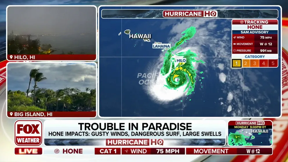 Hone strengthened from a tropical storm to a hurricane late Saturday night as the storm continues to lash the Big Island of Hawaii with heavy rain and strong winds.