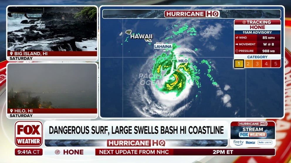 Hurricane Hone continues to strengthen as it makes its closest approach to Hawaii. The Category 1 hurricane now has winds of 85 mph, and the storm is still battering the Big Island of Hawaii with damaging winds and torrential rain as dangerous waves slam the coast.