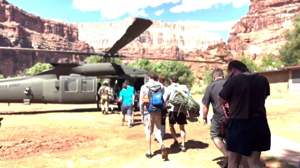 The Arizona Department of Emergency and Military Affairs provided UH-60 Blackhawk helicopter support to evacuate 104 tourist and tribal members out of a canyon after flood waters impacted the Havasupai community and tourists visiting the Havasupai Falls. (U.S. Army video by Maj. Erin Hannigan)