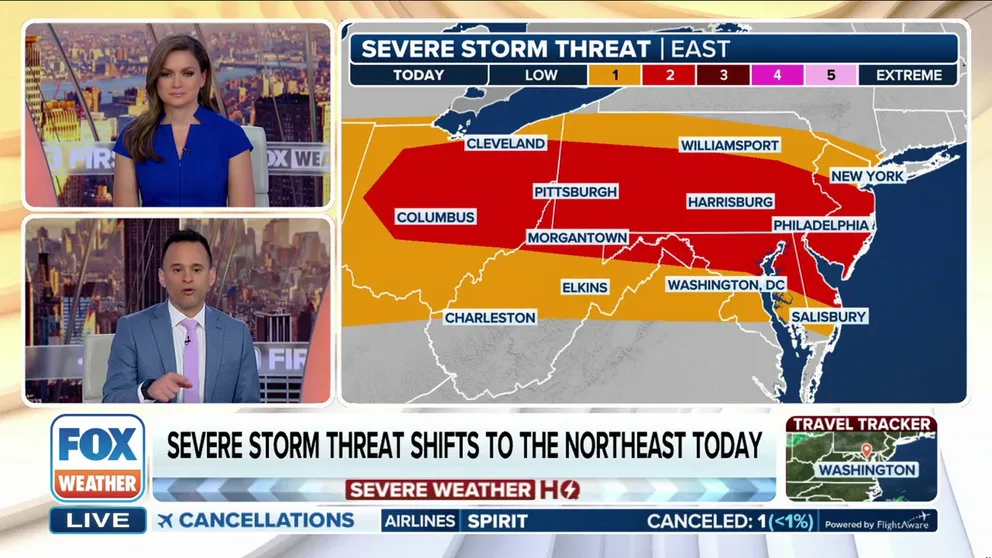 The multiday severe weather event that the FOX Forecast Center has been tracking shifts to the Northeast on Wednesday as the cold front responsible for the storms advances east. New York, Philadelphia and Pittsburgh are just a few of the cities at risk for severe storms later in the day. 