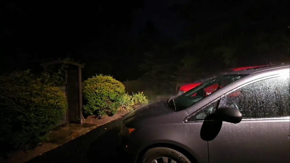 A video recorded outside New York City in New Jersey shows a thunderstorm that was producing heavy rain, vivid lightning and strong winds on Wednesday, Aug. 28, 2024.