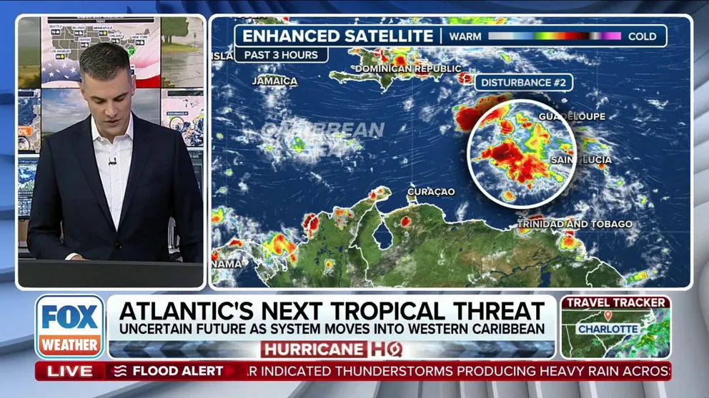 Three disturbances are currently brewing in the Atlantic. One of which is entering the western Caribbean, where conditions may be more favorable for further development. FOX Weather meteorologist Ian Oliver reports the latest info.