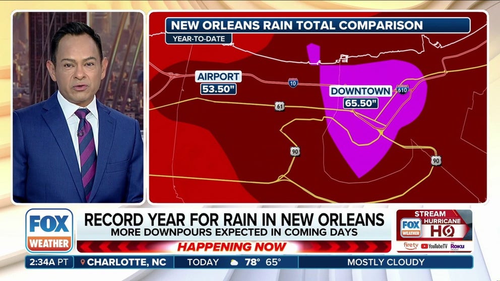 New Orleans is in the bull's-eye for rain Wednesday as a storm system lingers over the South and Southeast, fueled by a stalled front.