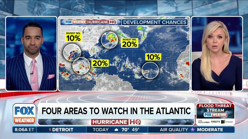 Forecasters with the National Hurricane Center (NHC) are keeping an eye on four areas swirling in the Atlantic Basin, including Invest 99L off the U.S. East Coast and Invest 90L off the Gulf Coast.