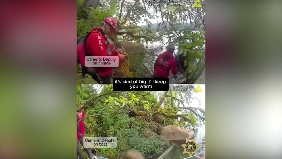 Police bodycam footage shows the moment search and rescue teams save a 7-year-old girl who had become lost in the wilderness overnight in southeast Washington. (Courtesy: Clark County Sheriff's Office, Washington State)