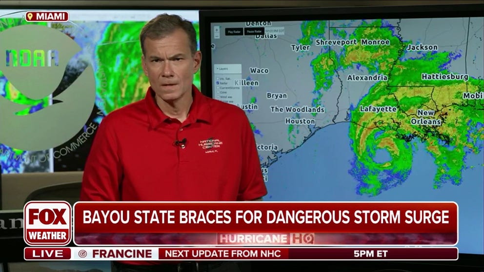 Jamie Rhome, deputy director of the National Hurricane Center, discussed the dangers of storm surge and which areas of Louisiana are most vulnerable to storm surge from Hurricane Francine. Sept. 11, 2024. 